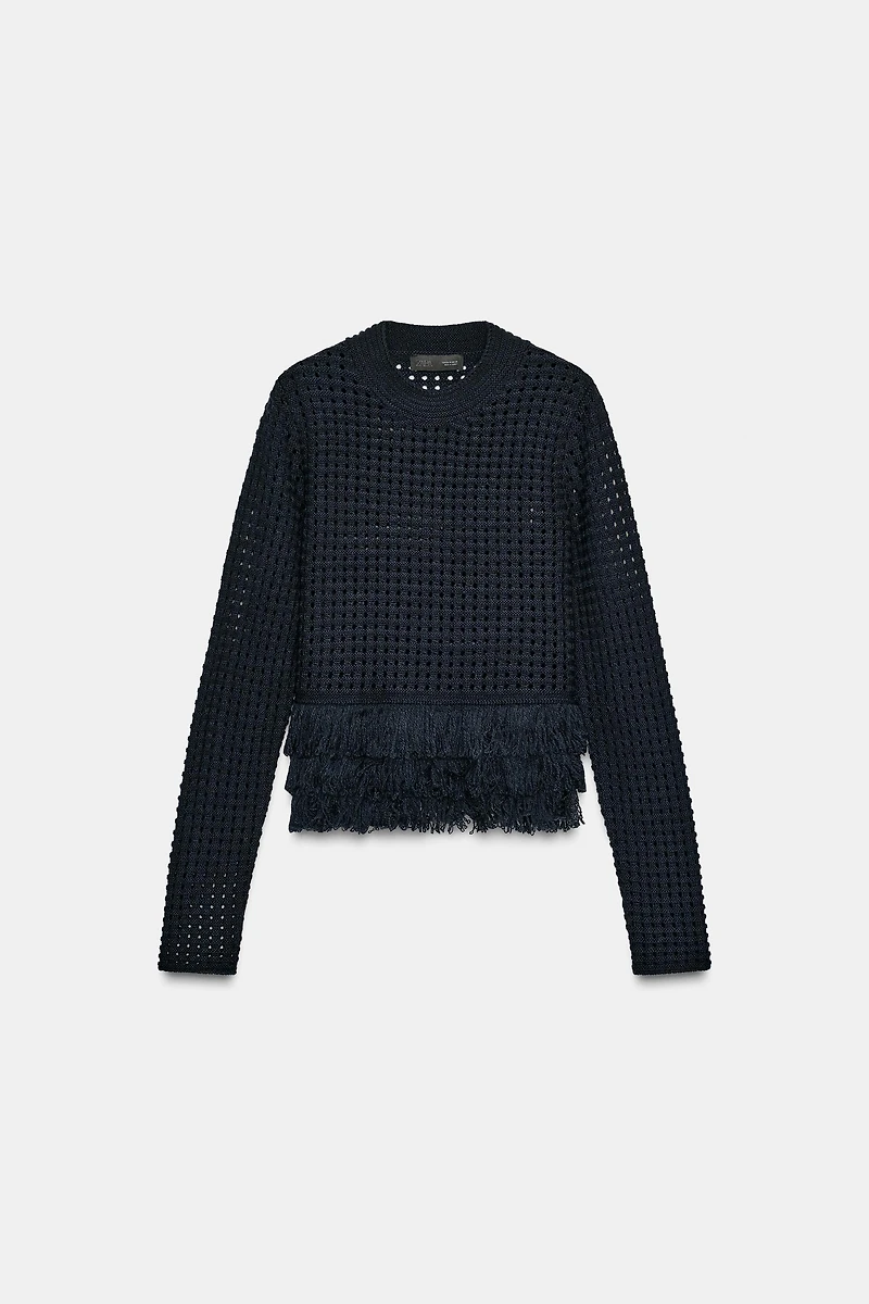 FRINGED PLAID KNIT JUMPER