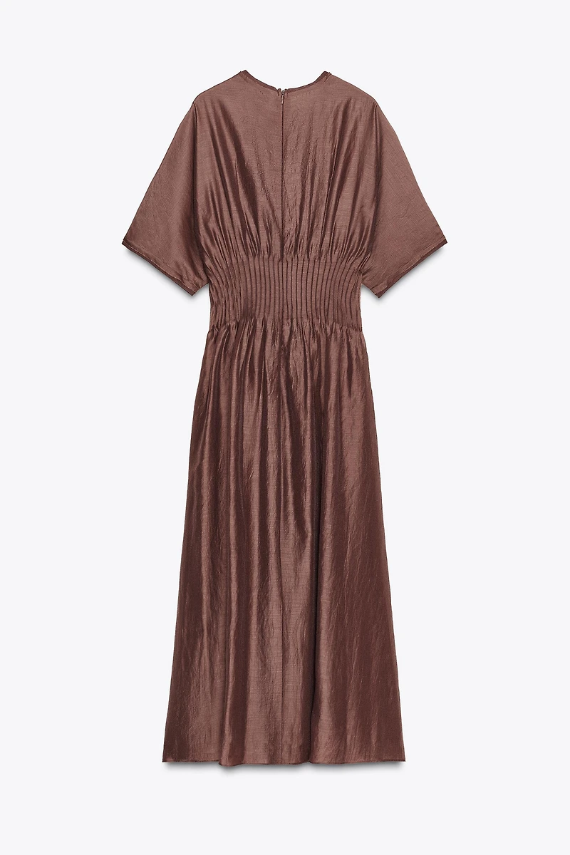 PLEATED WAIST MIXED KNIT DRESS