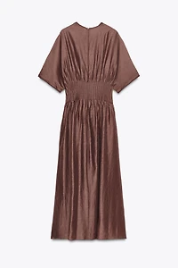 PLEATED WAIST MIXED KNIT DRESS