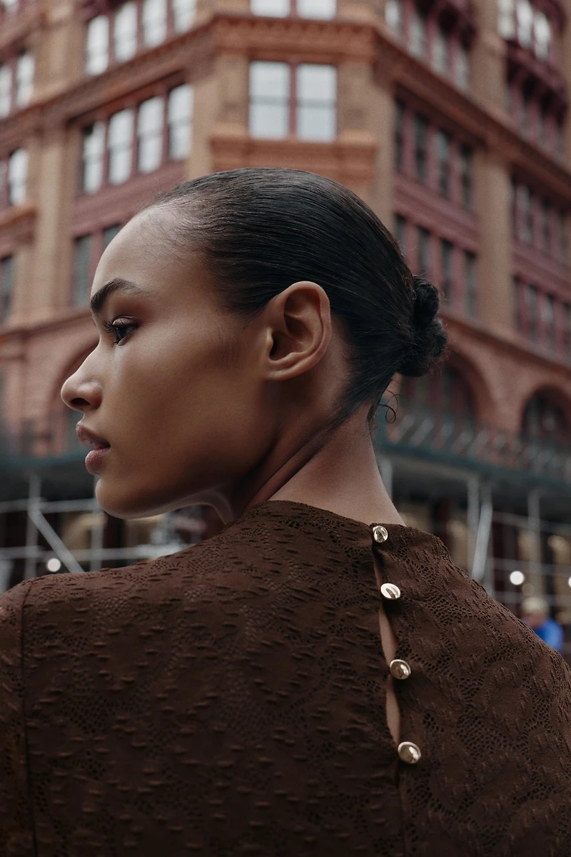 POINTELLE DRAPED MIDI DRESS