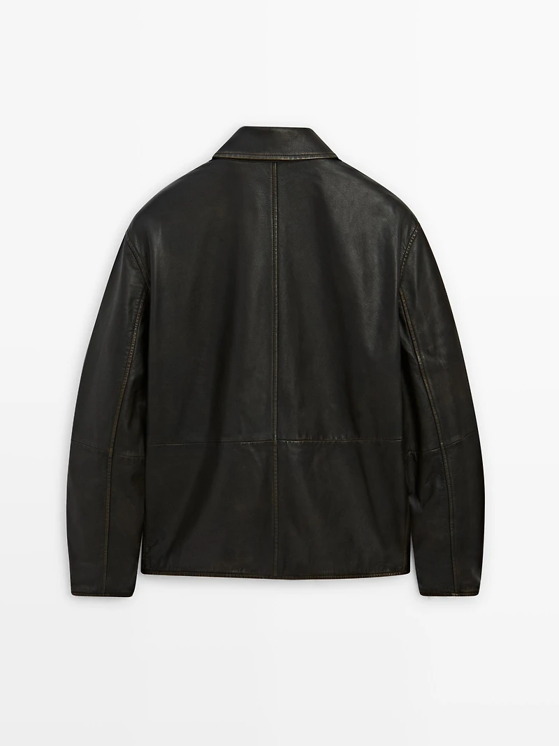 Distressed effect short nappa leather jacket