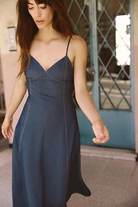 TOPSTITCHED TWILL MIDI DRESS