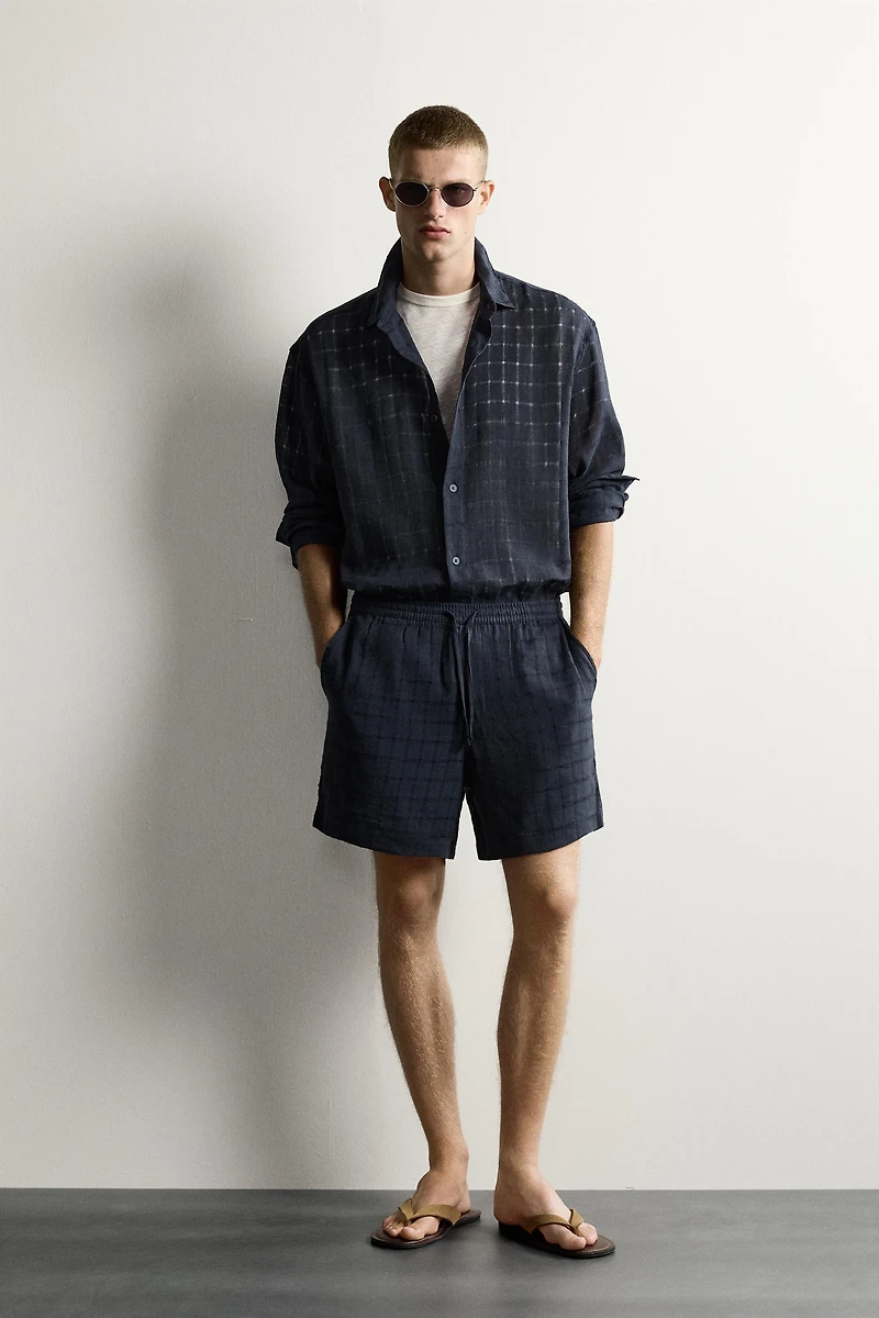 LINEN COTTON BLEND CHECKERED JACQUARD SHORTS