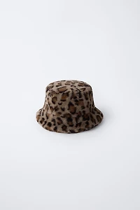 FAUX FUR ANIMAL PRINT BUCKET HAT