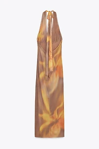 PRINTED TULLE MIDI HALTER DRESS
