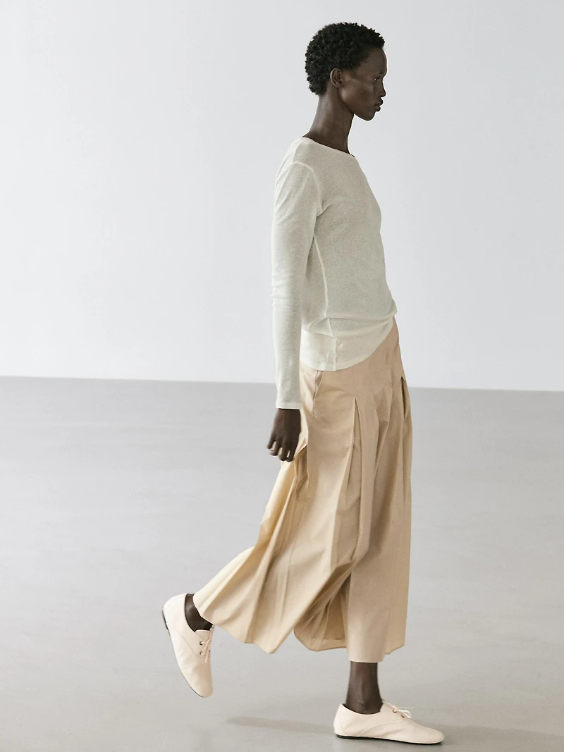 Cotton box pleat midi skirt