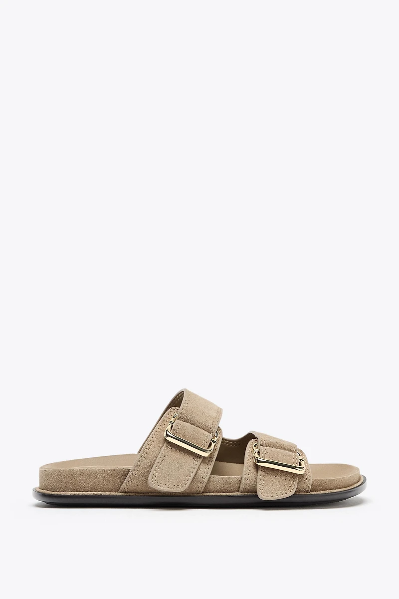 SPLIT LEATHER STRAPPY FLAT SANDALS