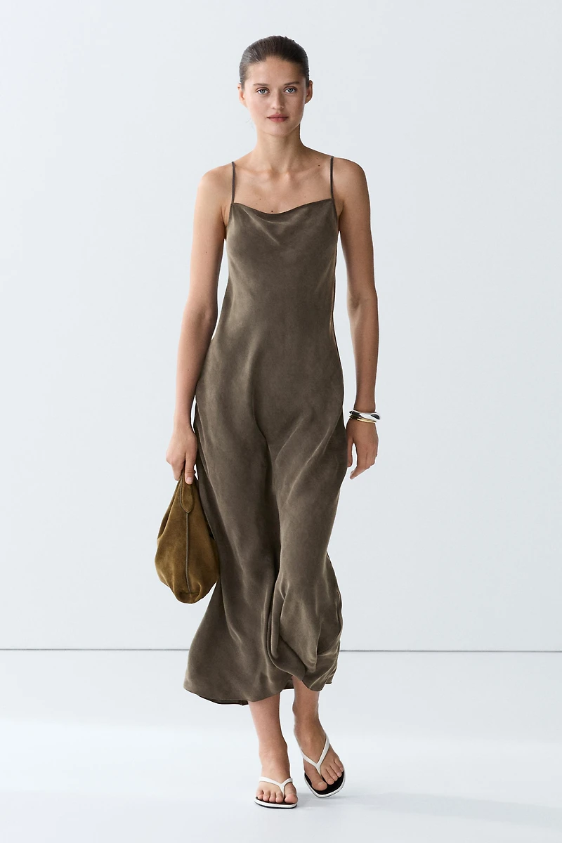 Flowing lingerie midi dress with thin straps