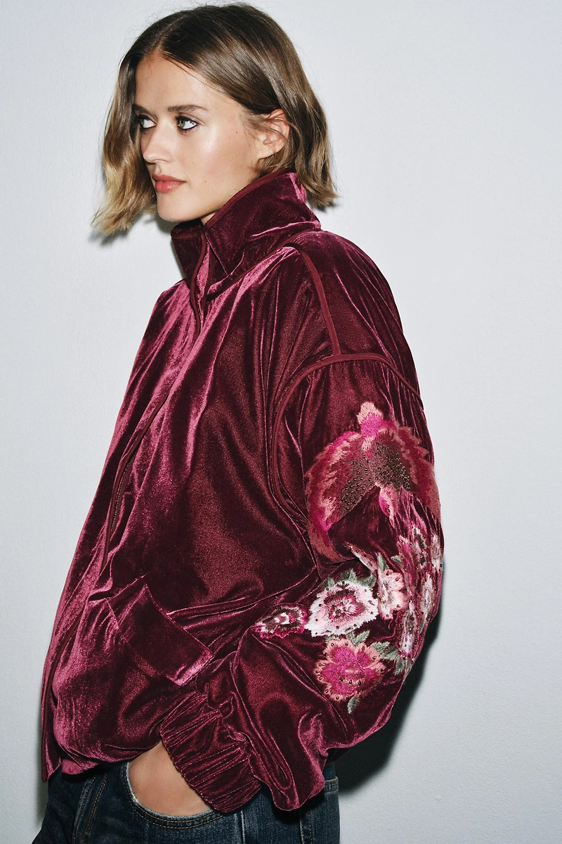 EMBROIDERED VELVET PUFFER JACKET