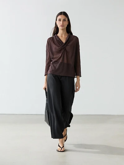 Linen blend shirt with cowl neckline