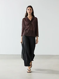 Linen blend shirt with cowl neckline
