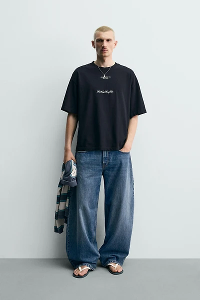 SHORT SLEEVE TEXT PRINT SWEATSHIRT