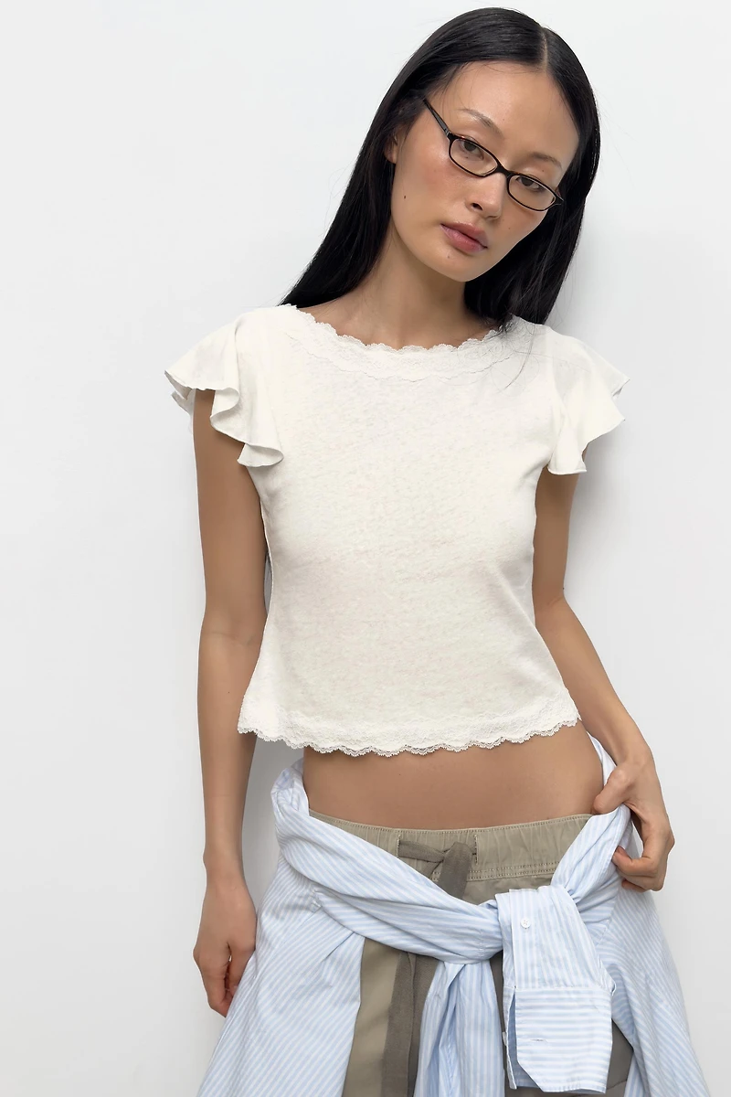 RUFFLED LACE SLEEVE TOP