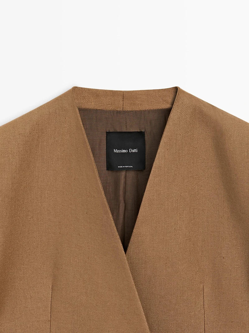 100% linen lapelless double-breasted blazer