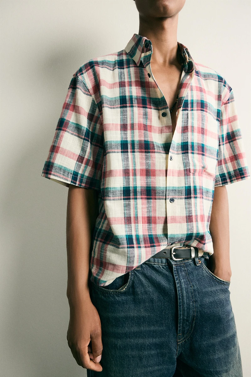 RELAXED FIT TEXTURED PLAID SHIRT