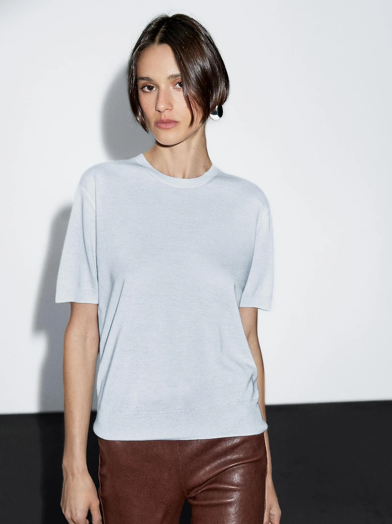 Short-sleeve wool blend knit sweater