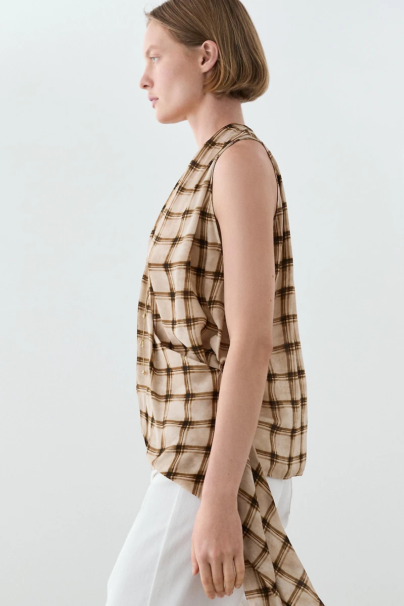 Flowing check print surplice top