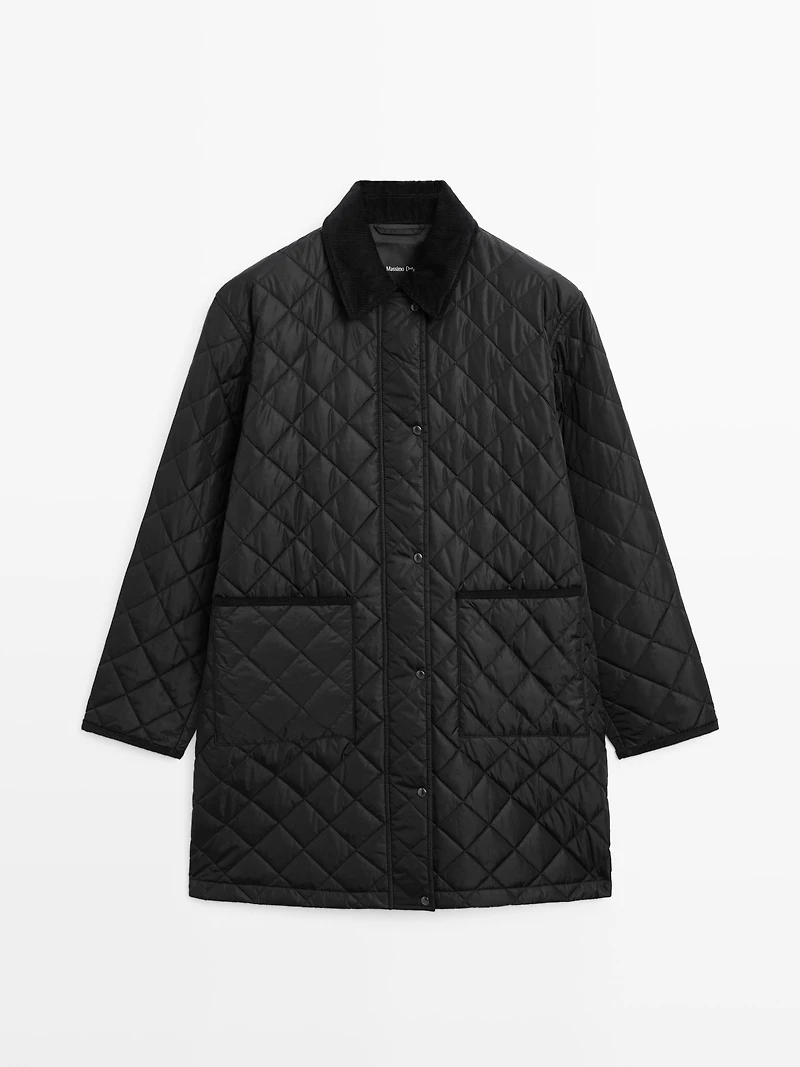 Long lightweight puffer jacket with corduroy detail