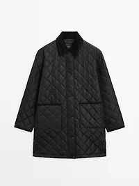 Long lightweight puffer jacket with corduroy detail