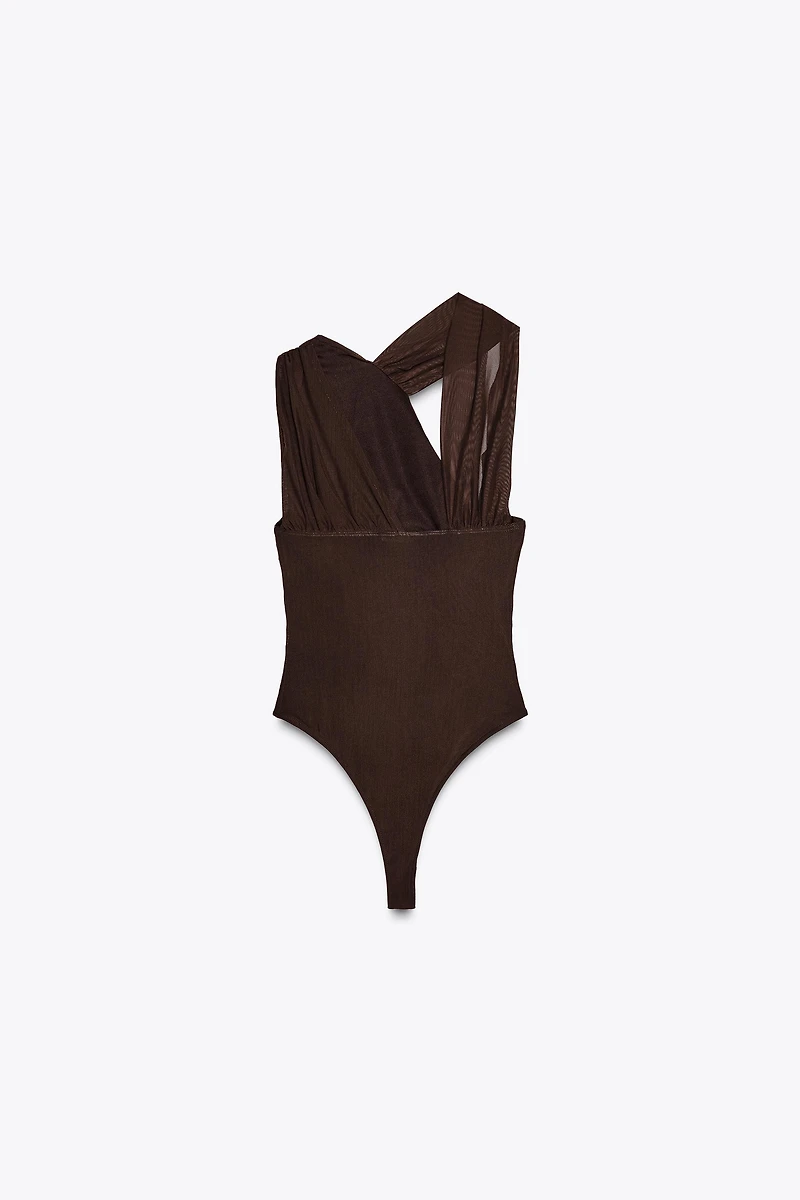 DRAPED ASYMMETRIC TULLE BODYSUIT