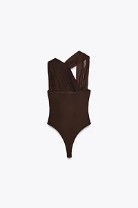 DRAPED ASYMMETRIC TULLE BODYSUIT