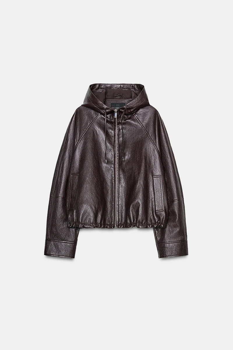 HOODED FAUX LEATHER JACKET