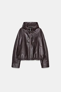 HOODED FAUX LEATHER JACKET