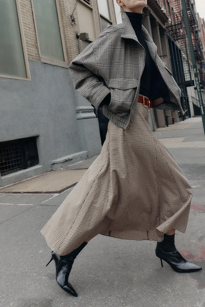 HOUNDSTOOTH BELTED CAPE MIDI SKIRT