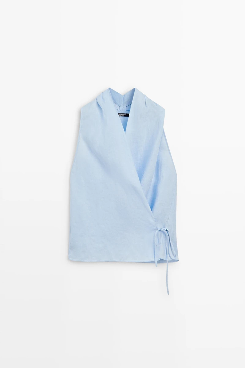Top à encolure américaine avec nœud 100 % lin