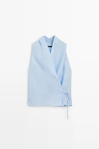 Top à encolure américaine avec nœud 100 % lin