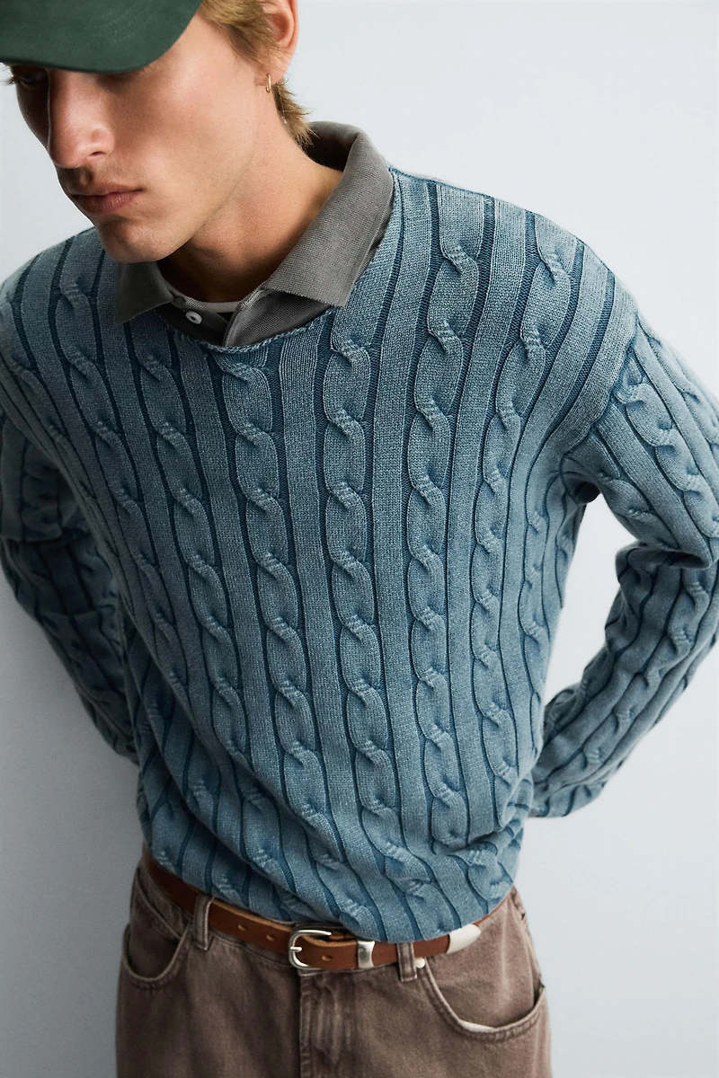 WASHED CABLE KNIT SWEATER