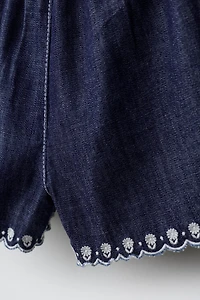 FLOWY EMBROIDERED FLORAL DENIM SHORTS