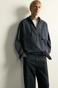 STRIPED COTTON-LINEN HOODIE OVERSHIRT