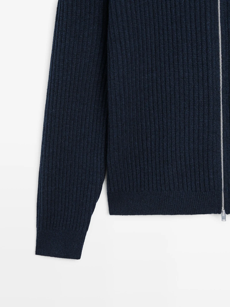 Ribbed knit cotton and wool cardigan with zip