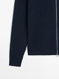 Ribbed knit cotton and wool cardigan with zip