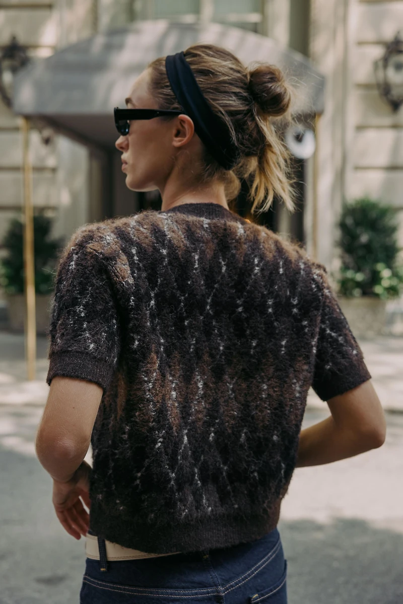 SHORT SLEEVE ARGYLE KNIT CARDIGAN