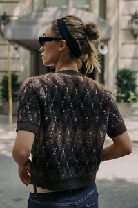 SHORT SLEEVE ARGYLE KNIT CARDIGAN