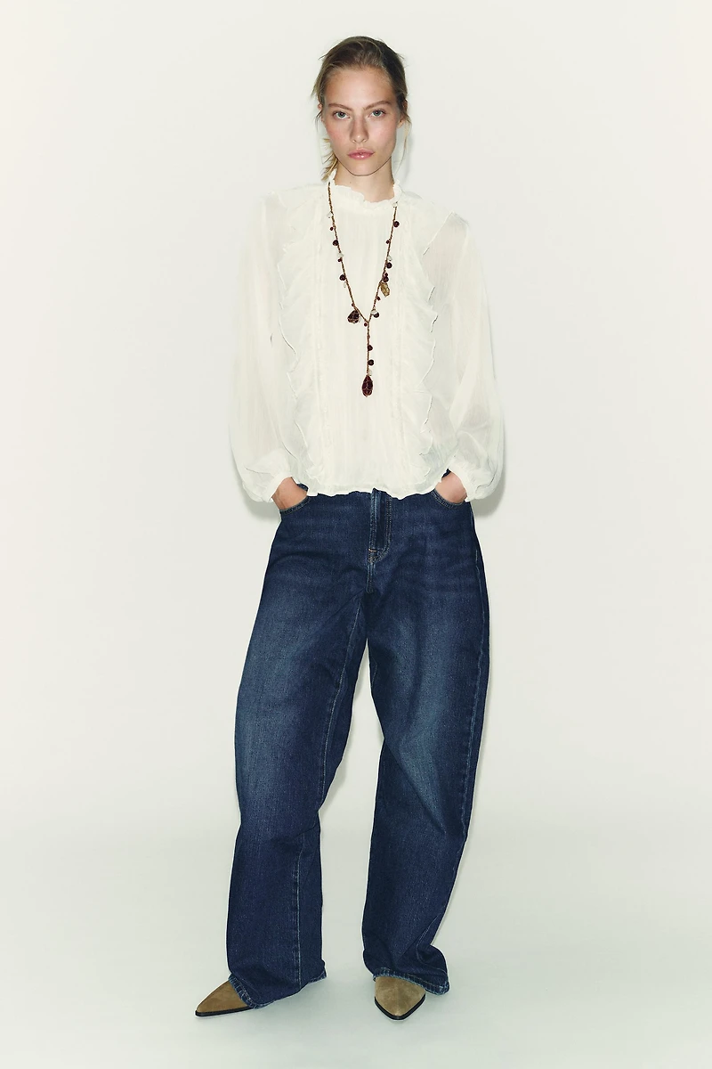 COTTON GAUZE LACE TRIM RUFFLED BLOUSE