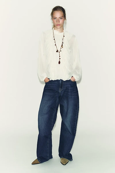 COTTON GAUZE LACE TRIM RUFFLED BLOUSE