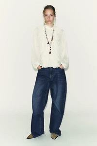 COTTON GAUZE LACE TRIM RUFFLED BLOUSE