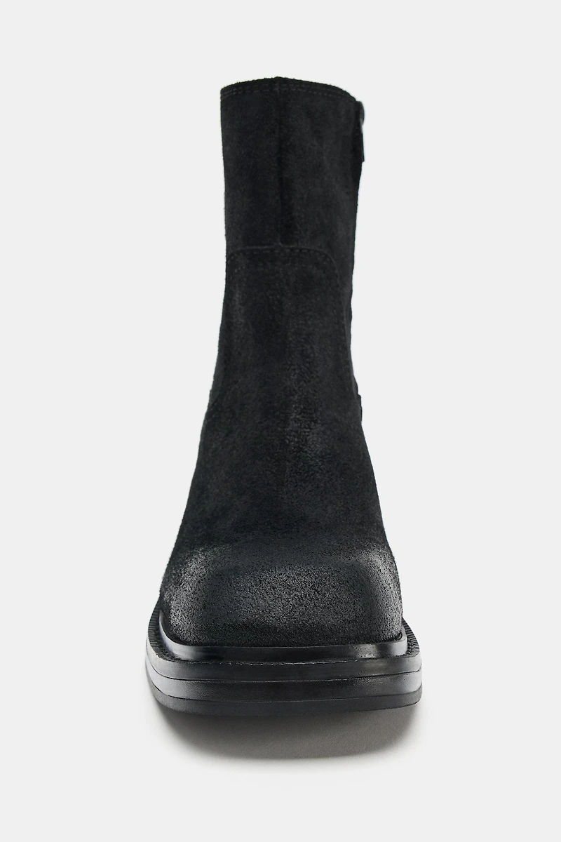 LEATHER SQUARE TOE ANKLE BOOTS