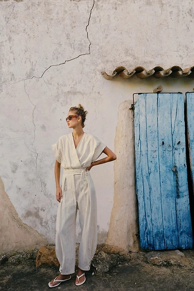 STRIPED BELTED JUMPSUIT