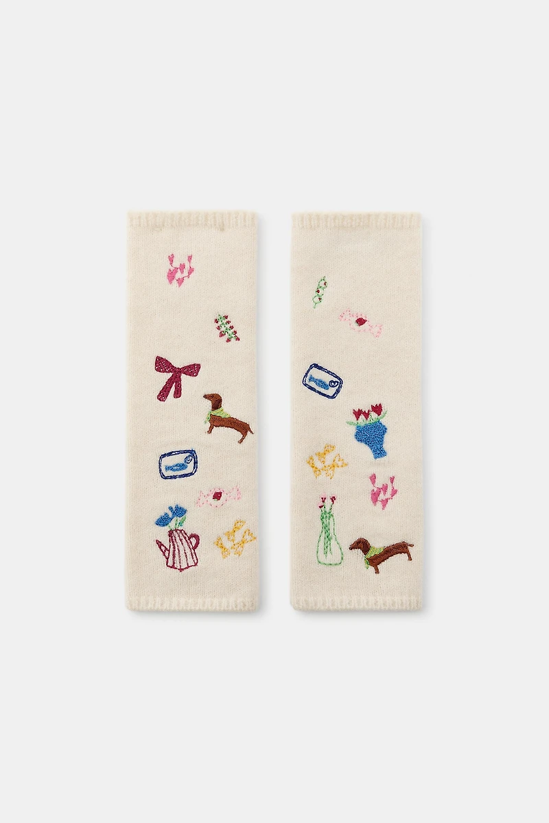 EMBROIDERED KNIT MITTEN GLOVES