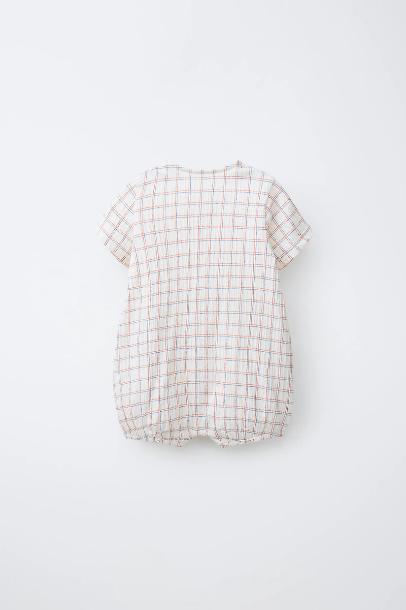 PLAID EMBROIDERED TEXT ROMPER