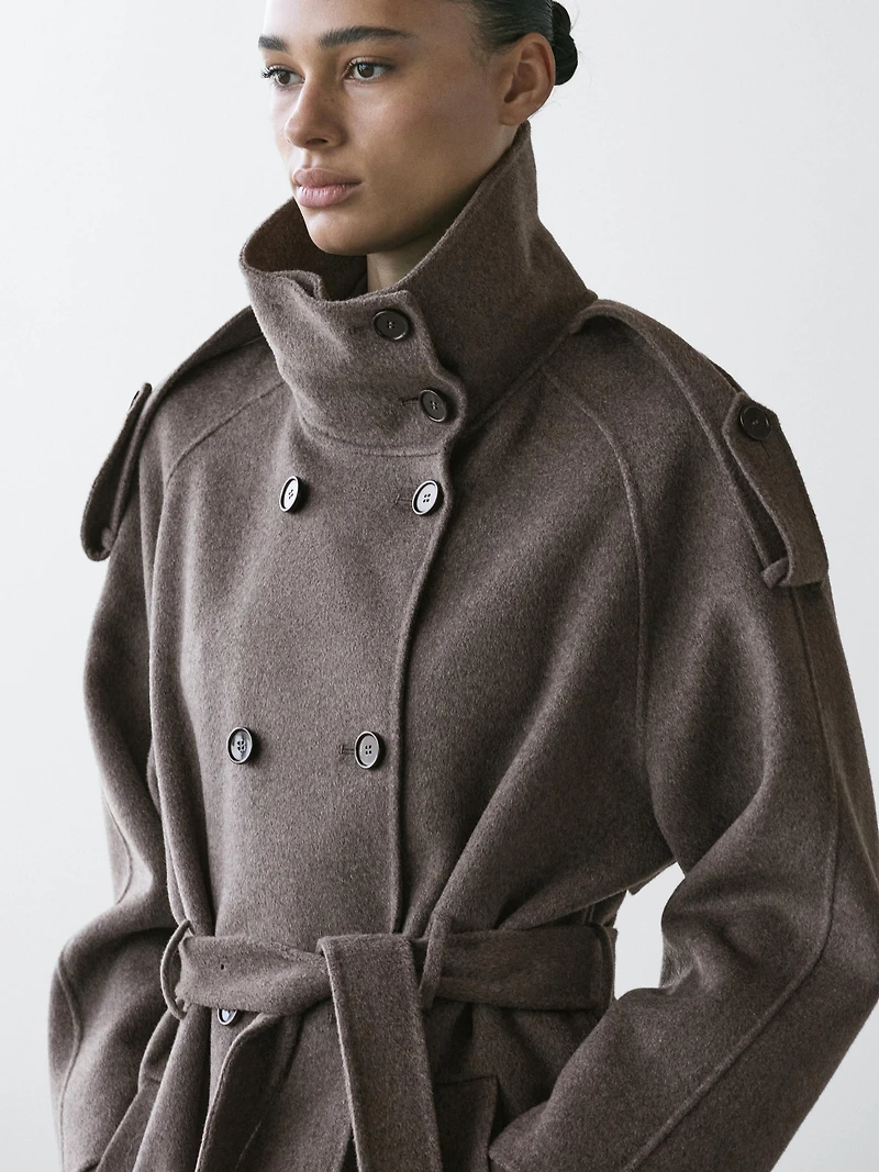 Long wool blend trench coat with belt