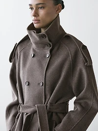 Long wool blend trench coat with belt