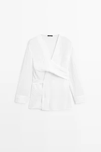 Linen blend blouse with sash belt