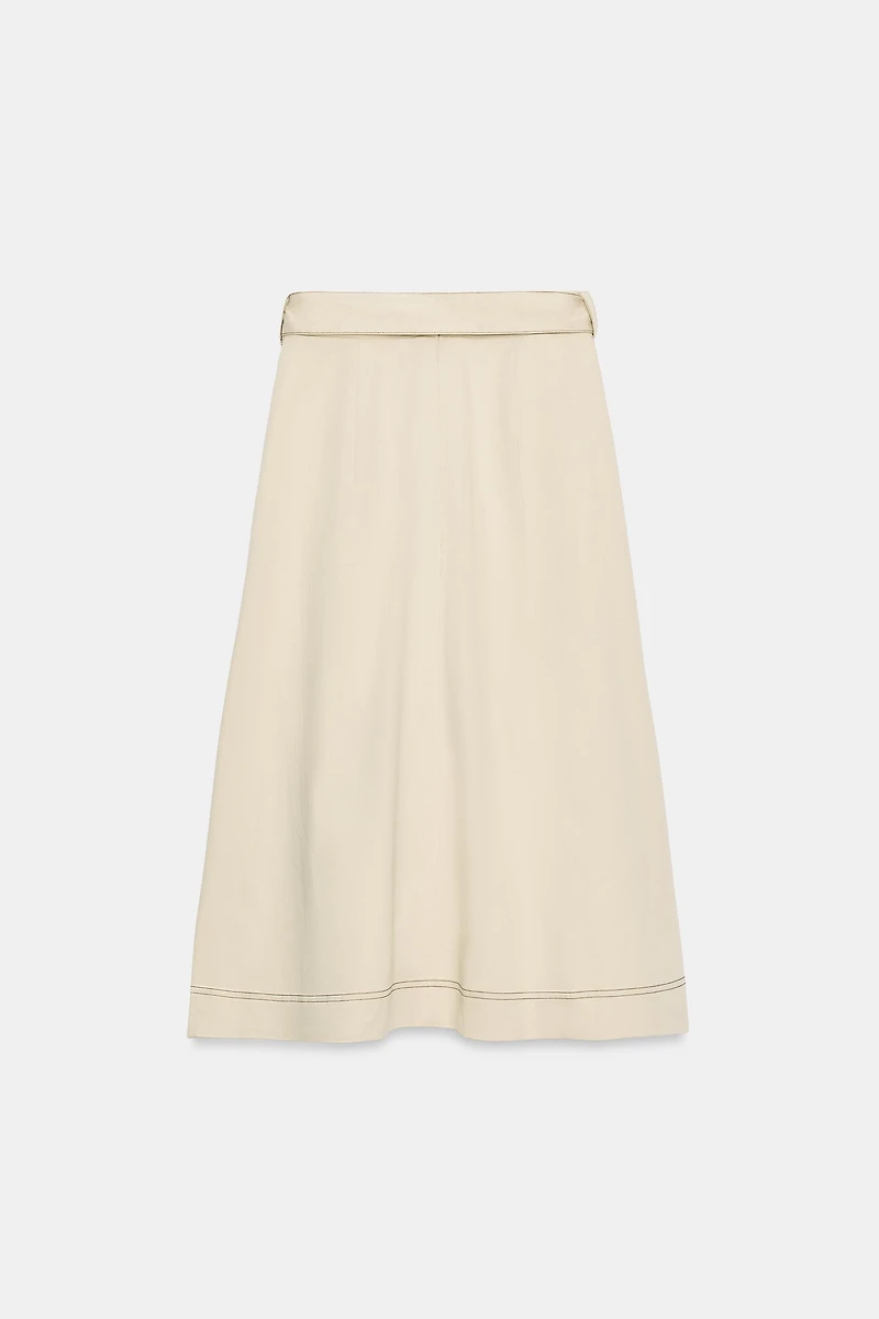 CONTRAST STITCH BELTED SKIRT