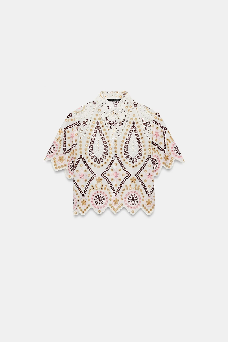 EMBROIDERED EYELET SHORT SLEEVE SHIRT