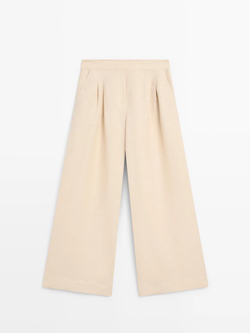 Linen blend darted wide-leg trousers